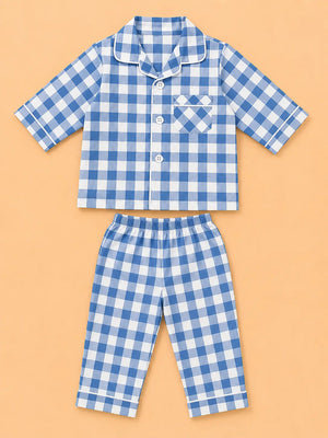 BloomUp Blue Checkered Night Suit Set for Kids – Soft Cotton Pajama Style Shirt & Pant Co-ord Sleepwear Outfit