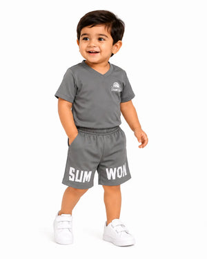 BloomUp Grey Sports T-Shirt & Shorts Set for Boys – Soft Cotton Activewear Outfit