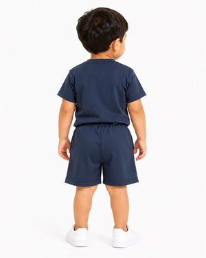 BloomUp Navy Blue Sports T-Shirt & Shorts Set for Boys – Soft Cotton Activewear Outfit
