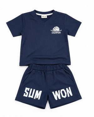 BloomUp Navy Blue Sports T-Shirt & Shorts Set for Boys – Soft Cotton Activewear Outfit