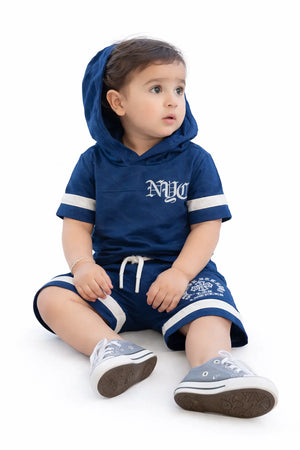 Kids Navy Blue Hooded T-Shirt & Shorts Co-ord Set BloomUp