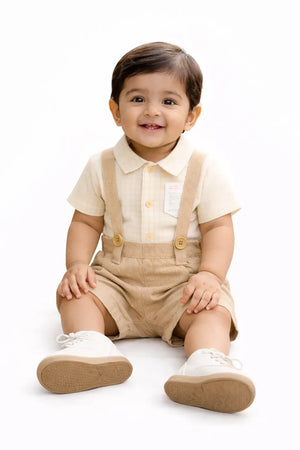 Beige Checked Shirt & Suspender Shorts Kids Co-ord Set – Soft Cotton Summer Outfit for Boys BloomUp