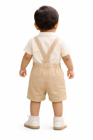 Beige Checked Shirt & Suspender Shorts Kids Co-ord Set – Soft Cotton Summer Outfit for Boys BloomUp
