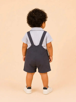 BloomUp Grey Suspender Shorts & Striped Shirt Set for Boys – Stylish Cotton Casual Outfit
