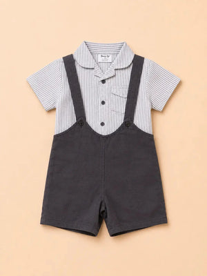 BloomUp Grey Suspender Shorts & Striped Shirt Set for Boys – Stylish Cotton Casual Outfit