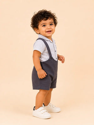 BloomUp Grey Suspender Shorts & Striped Shirt Set for Boys – Stylish Cotton Casual Outfit