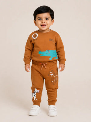 BloomUp Orange “Club Safari” Animal Print Sweatshirt & Jogger Set for Kids – Soft Cotton Co-ord Winter Wear Outfit