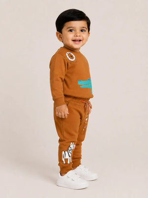 BloomUp Orange “Club Safari” Animal Print Sweatshirt & Jogger Set for Kids – Soft Cotton Co-ord Winter Wear Outfit