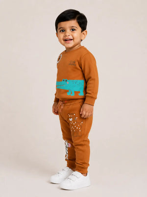 BloomUp Orange “Club Safari” Animal Print Sweatshirt & Jogger Set for Kids – Soft Cotton Co-ord Winter Wear Outfit