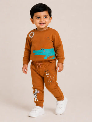 BloomUp Orange “Club Safari” Animal Print Sweatshirt & Jogger Set for Kids – Soft Cotton Co-ord Winter Wear Outfit