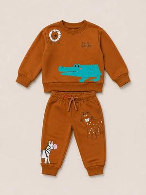 BloomUp Orange “Club Safari” Animal Print Sweatshirt & Jogger Set for Kids – Soft Cotton Co-ord Winter Wear Outfit