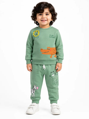 BloomUp Green “Club Safari” Animal Print Sweatshirt & Jogger Set for Kids – Soft Cotton Co-ord Winter Wear Outfit