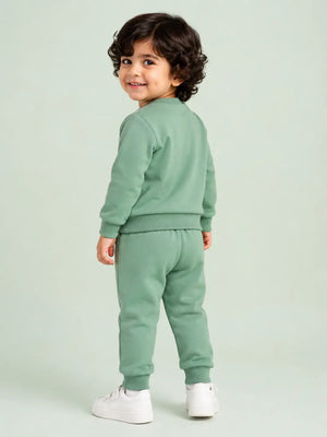 BloomUp Green “Club Safari” Animal Print Sweatshirt & Jogger Set for Kids – Soft Cotton Co-ord Winter Wear Outfit
