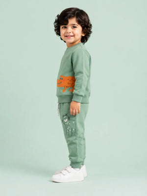 BloomUp Green “Club Safari” Animal Print Sweatshirt & Jogger Set for Kids – Soft Cotton Co-ord Winter Wear Outfit