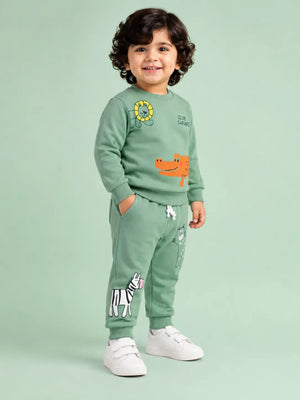 BloomUp Green “Club Safari” Animal Print Sweatshirt & Jogger Set for Kids – Soft Cotton Co-ord Winter Wear Outfit
