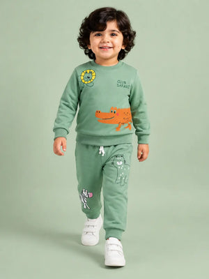 BloomUp Green “Club Safari” Animal Print Sweatshirt & Jogger Set for Kids – Soft Cotton Co-ord Winter Wear Outfit