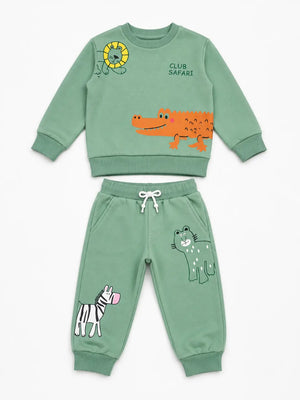 BloomUp Green “Club Safari” Animal Print Sweatshirt & Jogger Set for Kids – Soft Cotton Co-ord Winter Wear Outfit