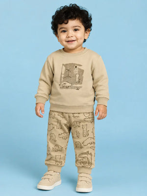 BloomUp Beige Safari Animal Print Co-ord Set for Baby Boys – Soft Sweatshirt & Jogger Pants Set