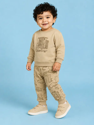 BloomUp Beige Safari Animal Print Co-ord Set for Baby Boys – Soft Sweatshirt & Jogger Pants Set