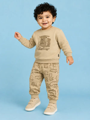 BloomUp Beige Safari Animal Print Co-ord Set for Baby Boys – Soft Sweatshirt & Jogger Pants Set