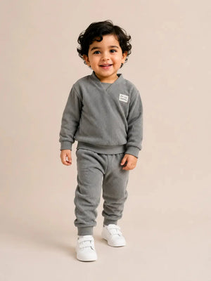 BloomUp Grey Textured Co-ord Set for Boys – Soft Full Sleeve Sweatshirt & Jogger Pants Set