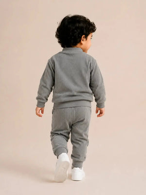 BloomUp Grey Textured Co-ord Set for Boys – Soft Full Sleeve Sweatshirt & Jogger Pants Set