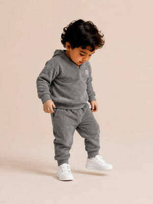 BloomUp Grey Textured Co-ord Set for Boys – Soft Full Sleeve Sweatshirt & Jogger Pants Set