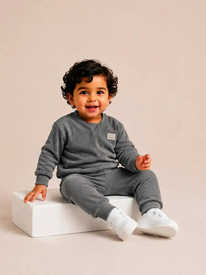 BloomUp Grey Textured Co-ord Set for Boys – Soft Full Sleeve Sweatshirt & Jogger Pants Set