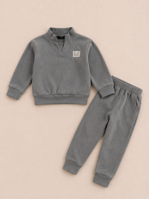 Grey Textured Co-ord Set for Boys – Soft Full Sleeve Sweatshirt & Jogger Pants Set BloomUp