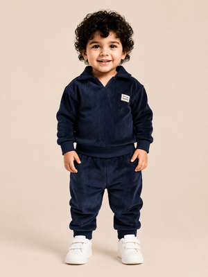 Navy Blue Velour Co-ord Set for Boys – Soft Full Sleeve Sweatshirt & Jogger Pants Set BloomUp