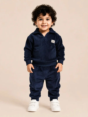 BloomUp Navy Blue Velour Co-ord Set for Boys – Soft Full Sleeve Sweatshirt & Jogger Pants Set