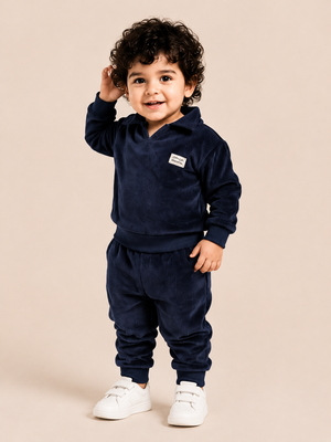 Navy Blue Velour Co-ord Set for Boys – Soft Full Sleeve Sweatshirt & Jogger Pants Set BloomUp