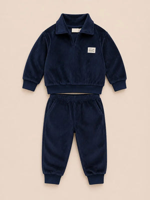 BloomUp Navy Blue Velour Co-ord Set for Boys – Soft Full Sleeve Sweatshirt & Jogger Pants Set