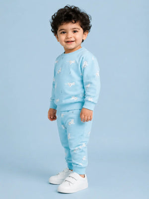BloomUp Sky Blue Animal Print Sweatshirt & Jogger Set for Kids – Soft Cotton Blend Co-ord Outfit for Boys & Girls