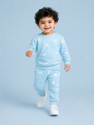 BloomUp Sky Blue Animal Print Sweatshirt & Jogger Set for Kids – Soft Cotton Blend Co-ord Outfit for Boys & Girls