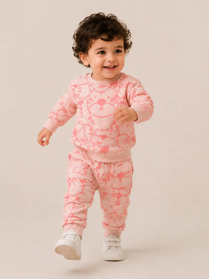 BloomUp Peach Pink Tiger Print Co-ord Set for Baby Girls – Soft Sweatshirt & Jogger Pants Kids Outfit