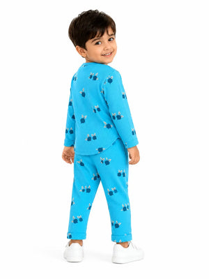 BloomUp Sky Blue Printed Long Sleeve Co-ord Set for Kids – Soft Cotton Rib Toddler Outfit
