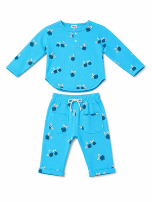 BloomUp Sky Blue Printed Long Sleeve Co-ord Set for Kids – Soft Cotton Rib Toddler Outfit