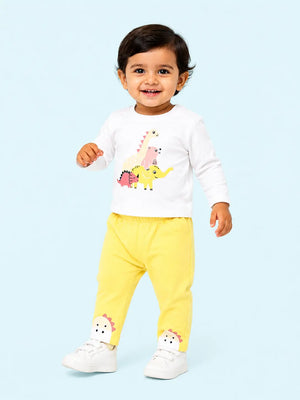 BloomUp White Dinosaur Graphic T-Shirt with Yellow Pants for Kids – Soft Cotton Baby Co-ord Set for Boys & Girls