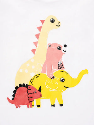 BloomUp White Dinosaur Graphic T-Shirt with Yellow Pants for Kids – Soft Cotton Baby Co-ord Set for Boys & Girls
