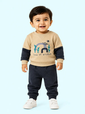 BloomUp Beige & Navy Tree of Wisdom Sweatshirt with Joggers for Kids – Soft Winter Co-ord Set for Boys & Girls