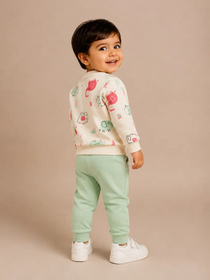BloomUp Cream Elephant Print Sweatshirt & Mint Jogger Set for Kids – Soft Cotton Blend Winter Co-ord Outfit
