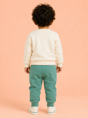 BloomUp Cream & Sage Green Dinosaur Co-ord Set for Baby Boys – Soft Sweatshirt & Jogger Pants Set