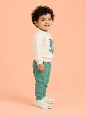 BloomUp Cream & Sage Green Dinosaur Co-ord Set for Baby Boys – Soft Sweatshirt & Jogger Pants Set