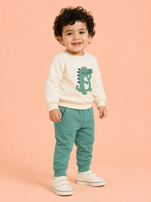 BloomUp Cream & Sage Green Dinosaur Co-ord Set for Baby Boys – Soft Sweatshirt & Jogger Pants Set