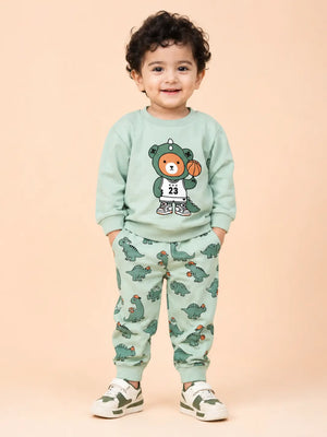 BloomUp Mint Green Dino Bear Sweatshirt & Jogger Set for Kids – Soft Fleece Co-ord Winter Outfit