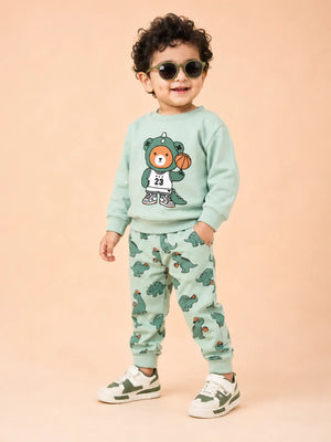 BloomUp Mint Green Dino Bear Sweatshirt & Jogger Set for Kids – Soft Fleece Co-ord Winter Outfit