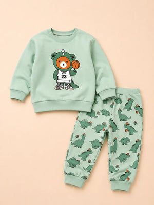 BloomUp Mint Green Dino Bear Sweatshirt & Jogger Set for Kids – Soft Fleece Co-ord Winter Outfit