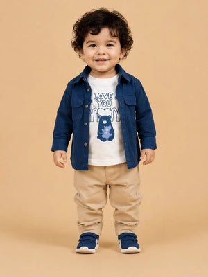 BloomUp Kids Blue Shirt Jacket Co-ord Set – Printed Cotton T-Shirt with Beige Chino Pants | Casual Everyday Outfit