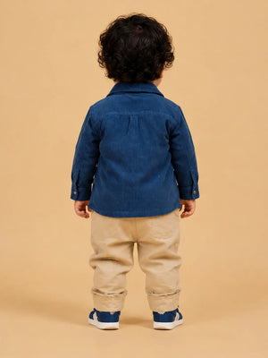 BloomUp Kids Blue Shirt Jacket Co-ord Set – Printed Cotton T-Shirt with Beige Chino Pants | Casual Everyday Outfit